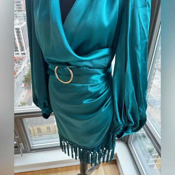 🆕 BRONX & BANCO 🧿 NWOT Monica Long Sleeve Satin Wrap Dress, Fringed Hem - Picture 11 of 16